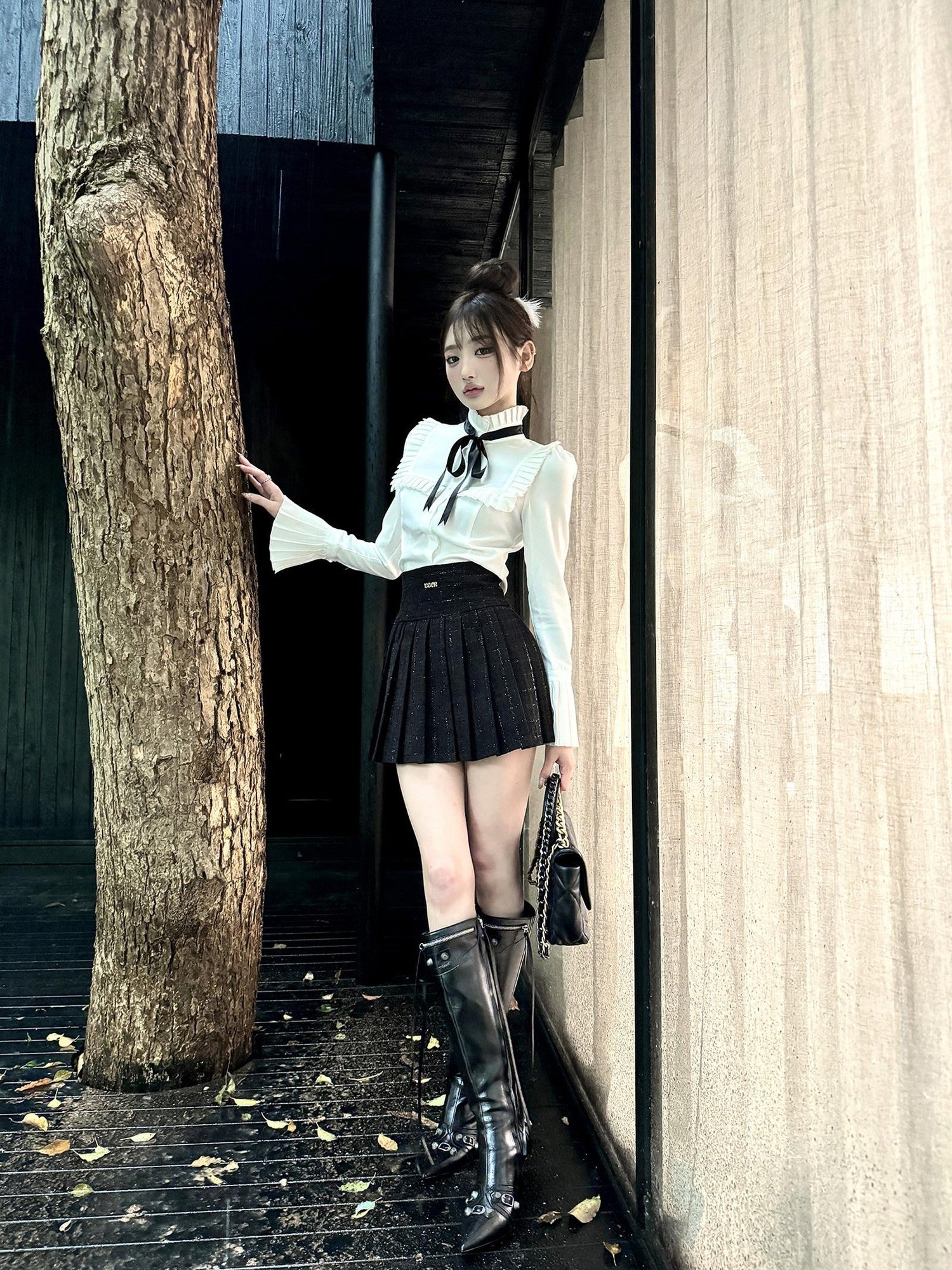 VOCK Tweed Pleated High Waist Puff Sleeve Women's Shirt Matching Skirt Sets
