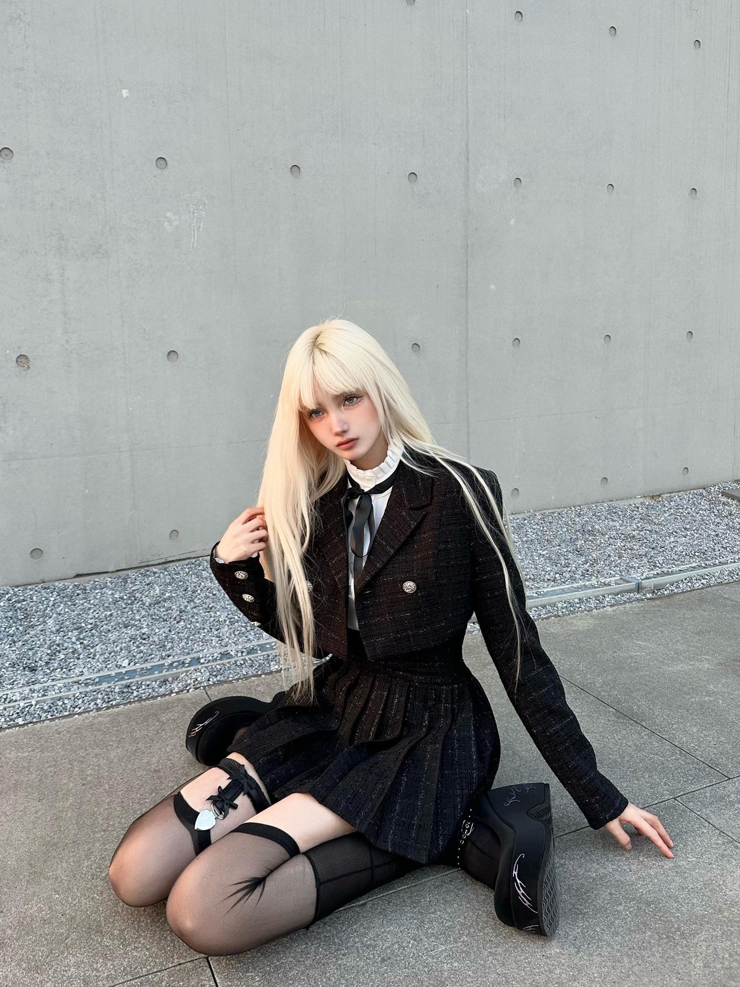VOCK Tweed Pleated High Waist Puff Sleeve Women's Shirt Matching Skirt Sets