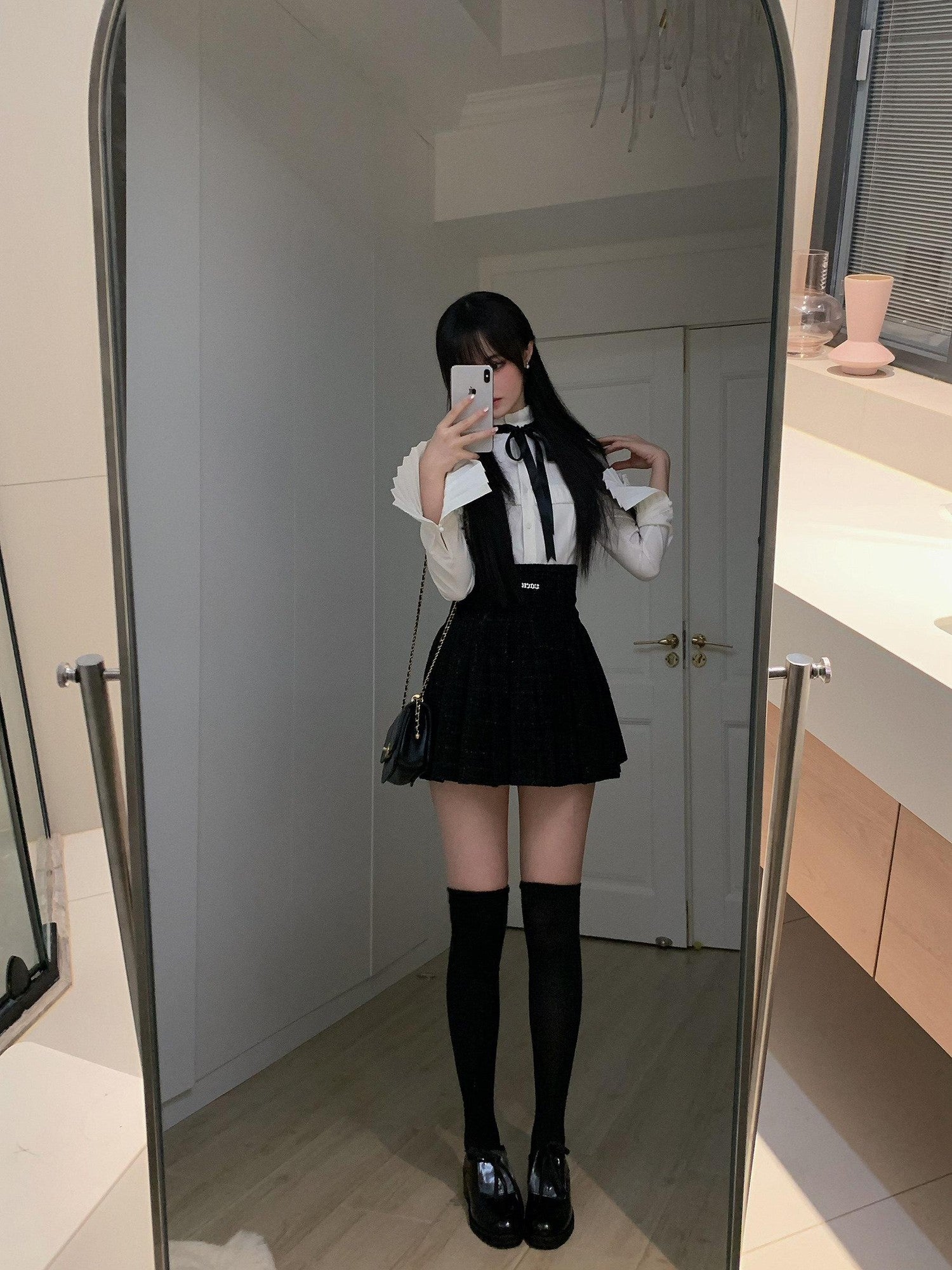 VOCK Tweed Pleated High Waist Puff Sleeve Women's Shirt Matching Skirt Sets