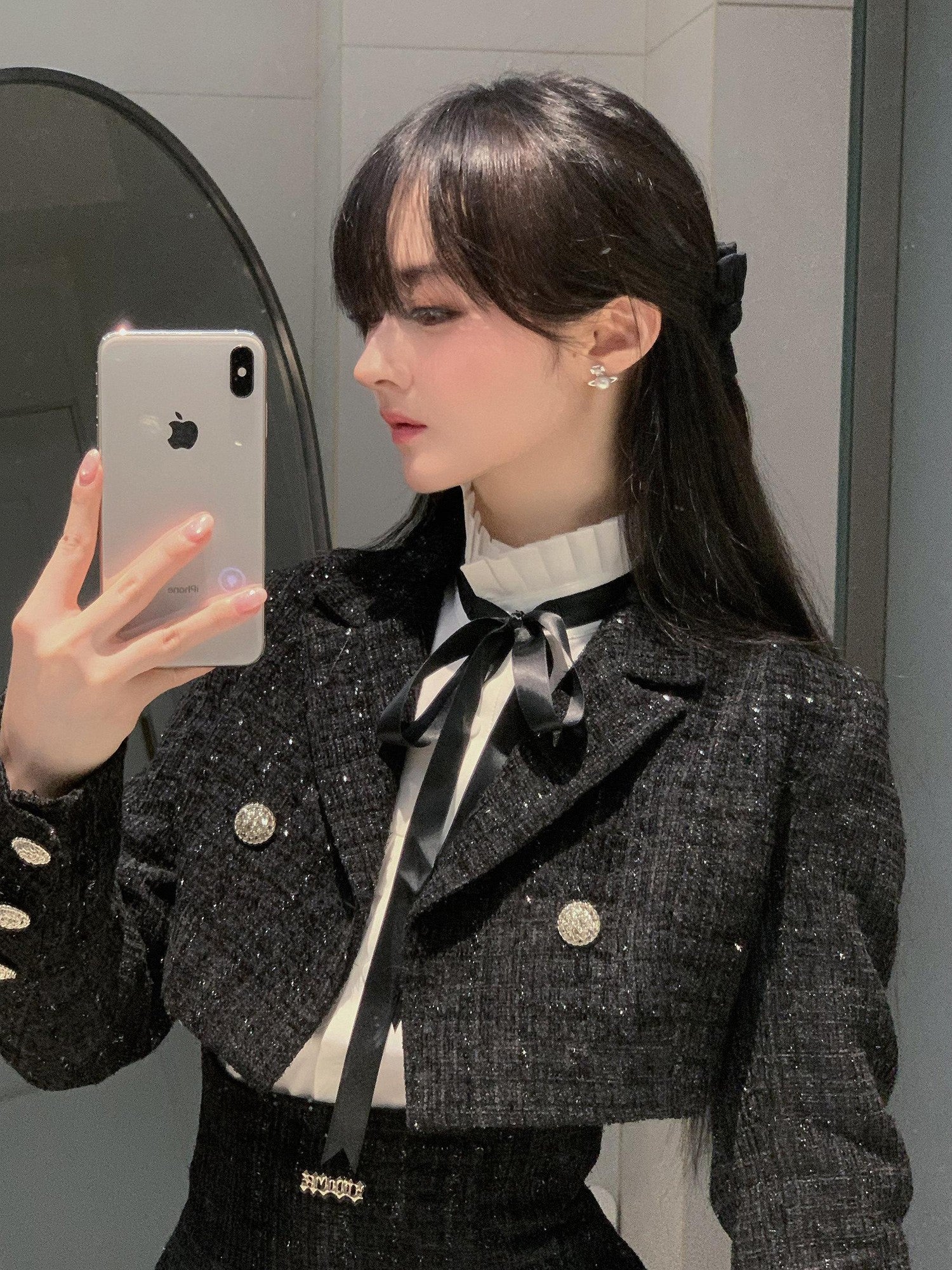 VOCK Tweed Pleated High Waist Puff Sleeve Women's Shirt Matching Skirt Sets