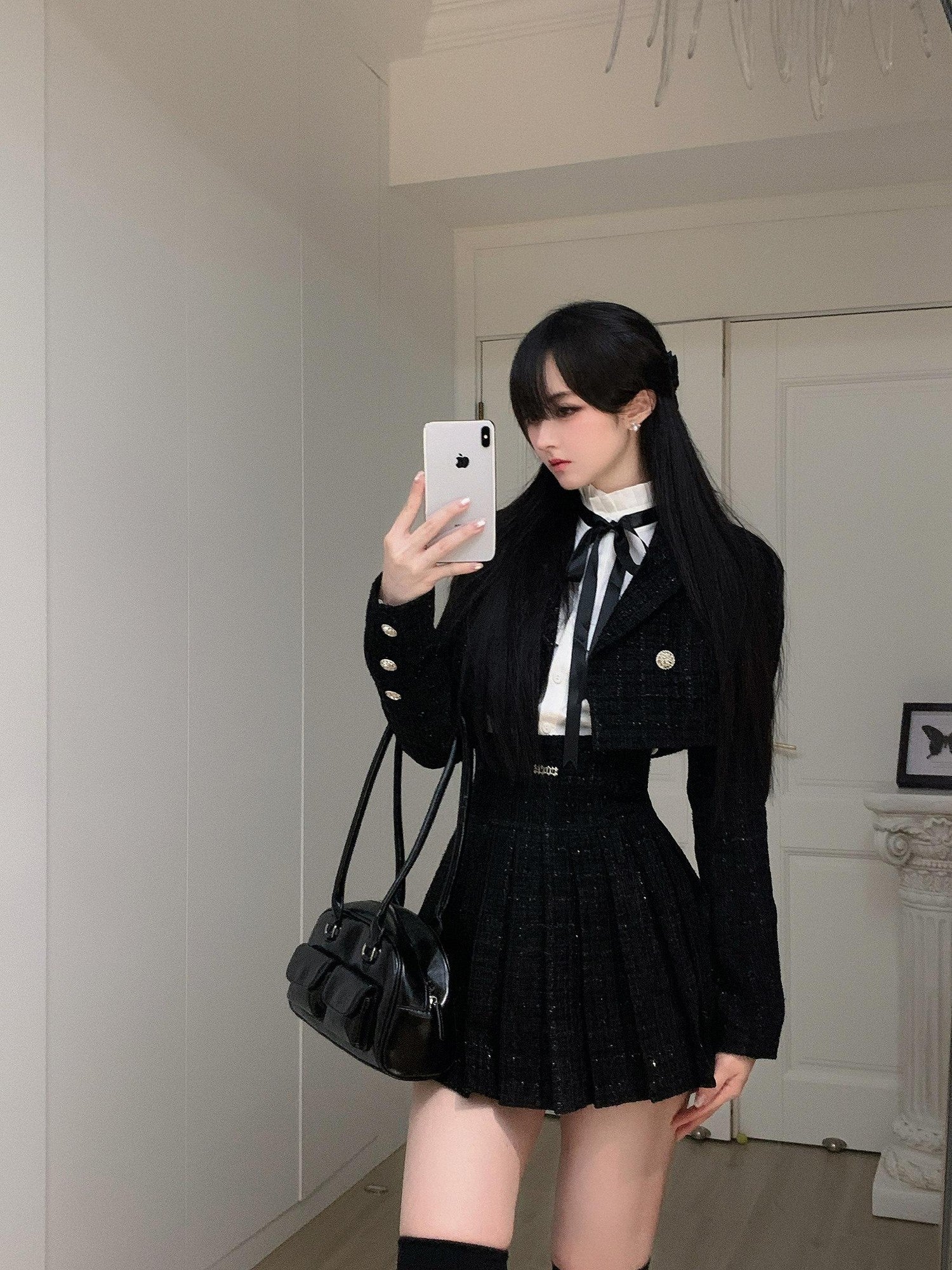 VOCK Tweed Pleated High Waist Puff Sleeve Women's Shirt Matching Skirt Sets