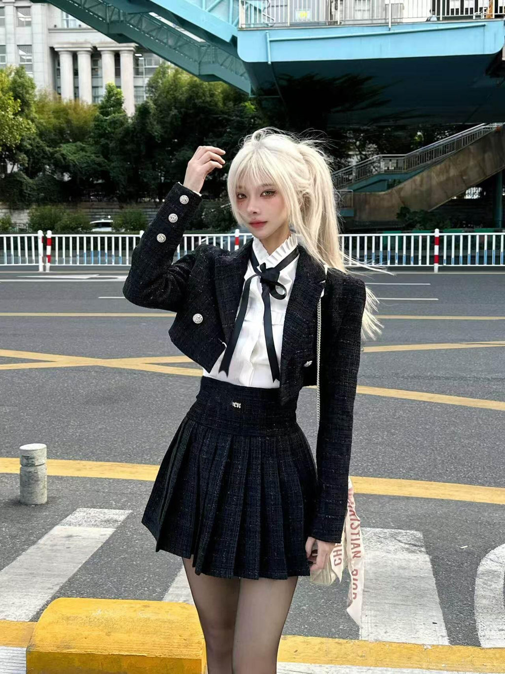 VOCK Tweed Pleated High Waist Puff Sleeve Women's Shirt Matching Skirt Sets