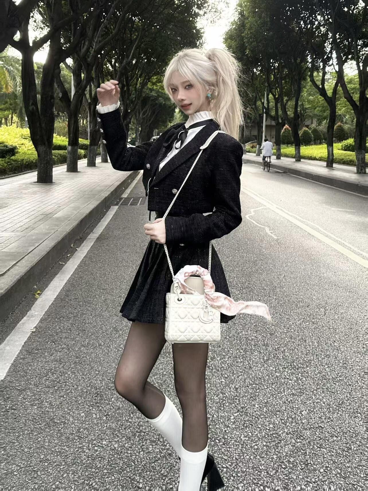 VOCK Tweed Pleated High Waist Puff Sleeve Women's Shirt Matching Skirt Sets