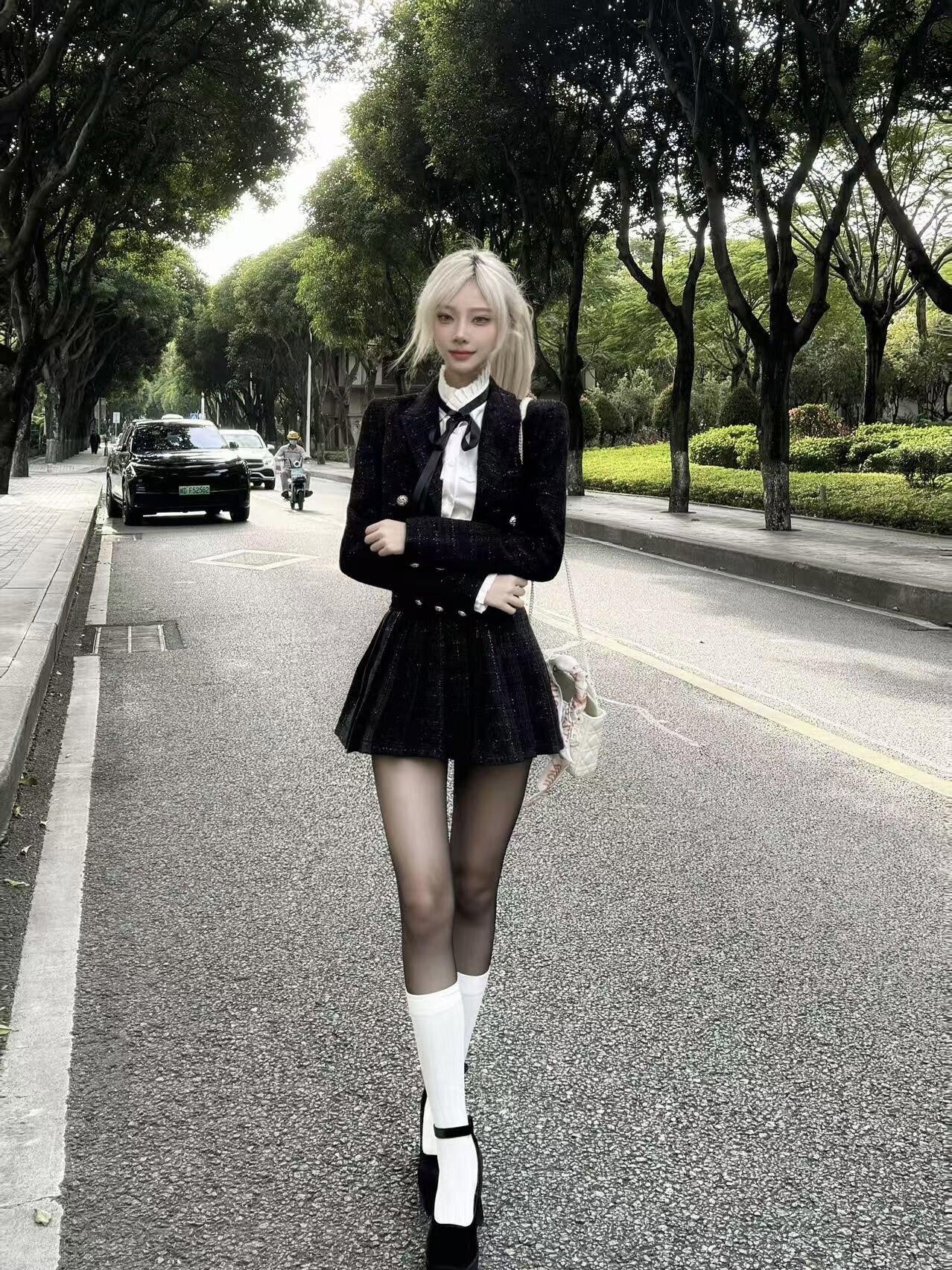 VOCK Tweed Pleated High Waist Puff Sleeve Women's Shirt Matching Skirt Sets