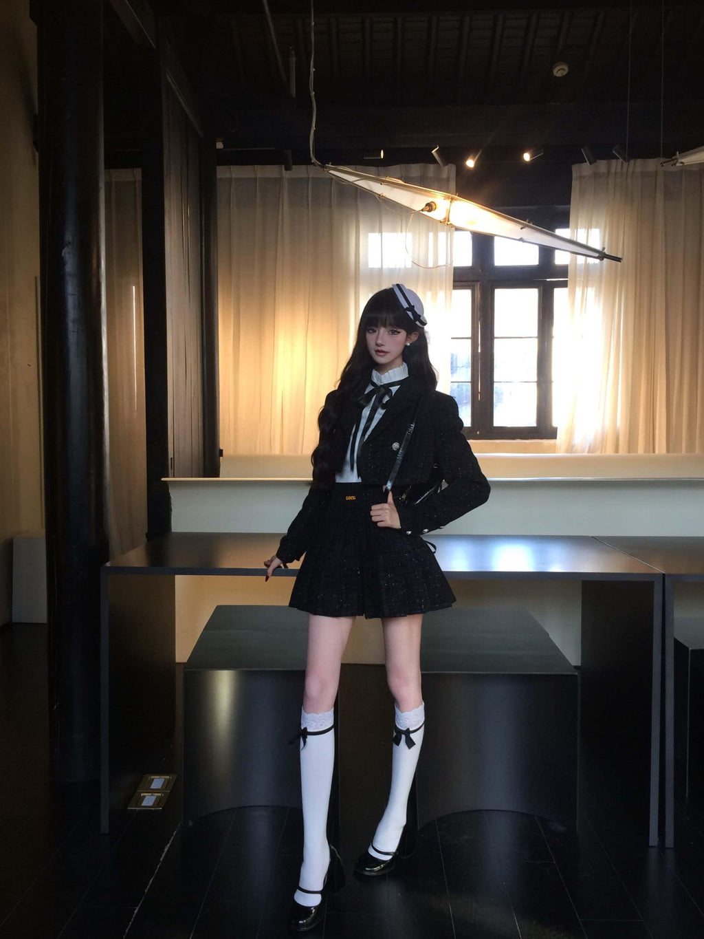 VOCK Tweed Pleated High Waist Puff Sleeve Women's Shirt Matching Skirt Sets