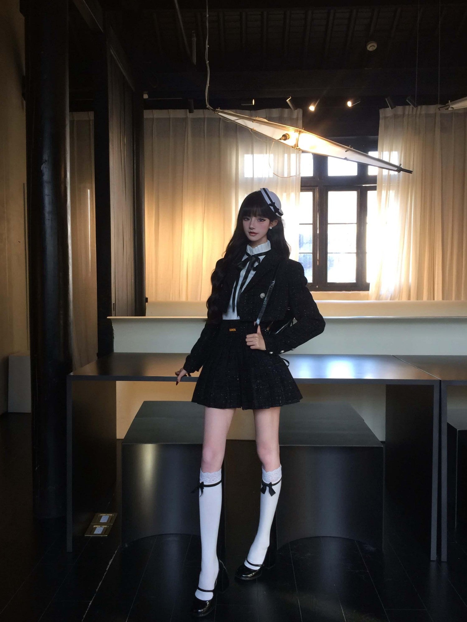VOCK Tweed Pleated High Waist Puff Sleeve Women's Shirt Matching Skirt Sets