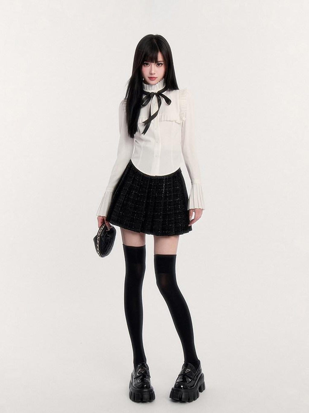 VOCK Tweed Pleated High Waist Puff Sleeve Women's Shirt Matching Skirt Sets