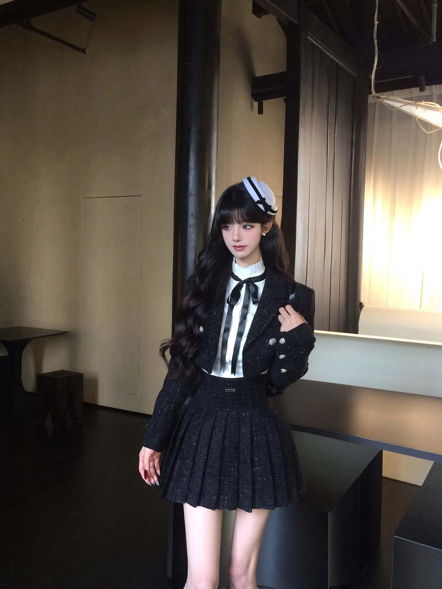 VOCK Tweed Pleated High Waist Puff Sleeve Women's Shirt Matching Skirt Sets
