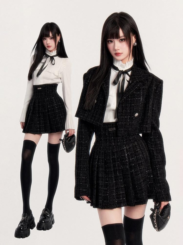 VOCK Tweed Pleated High Waist Puff Sleeve Women's Shirt Matching Skirt Sets
