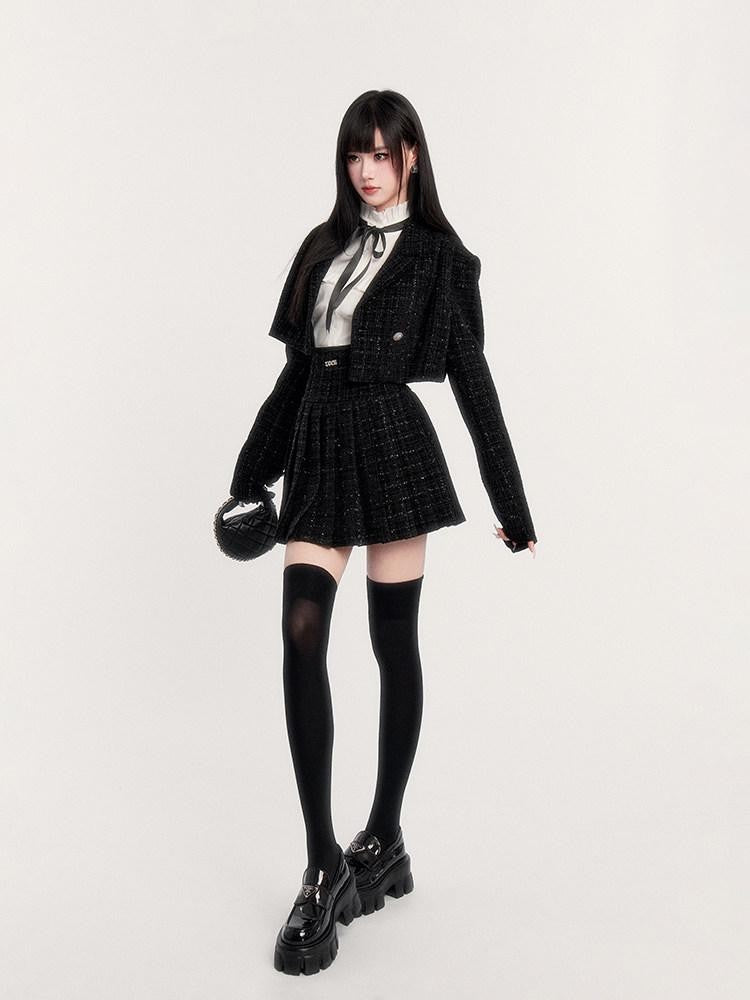 VOCK Tweed Pleated High Waist Puff Sleeve Women's Shirt Matching Skirt Sets
