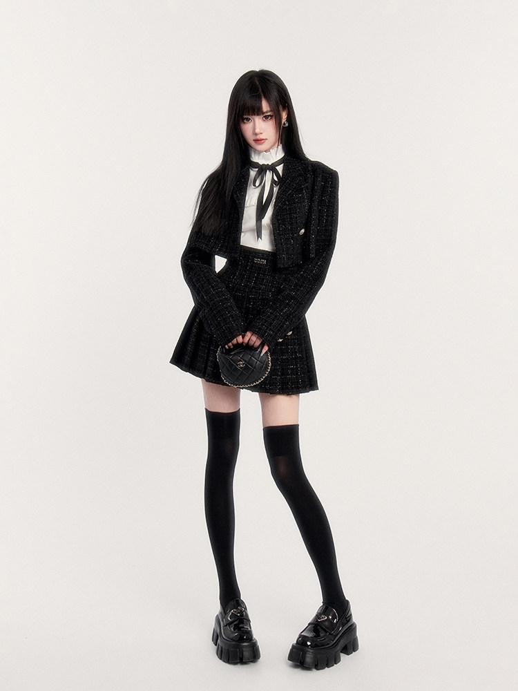 VOCK Tweed Pleated High Waist Puff Sleeve Women's Shirt Matching Skirt Sets