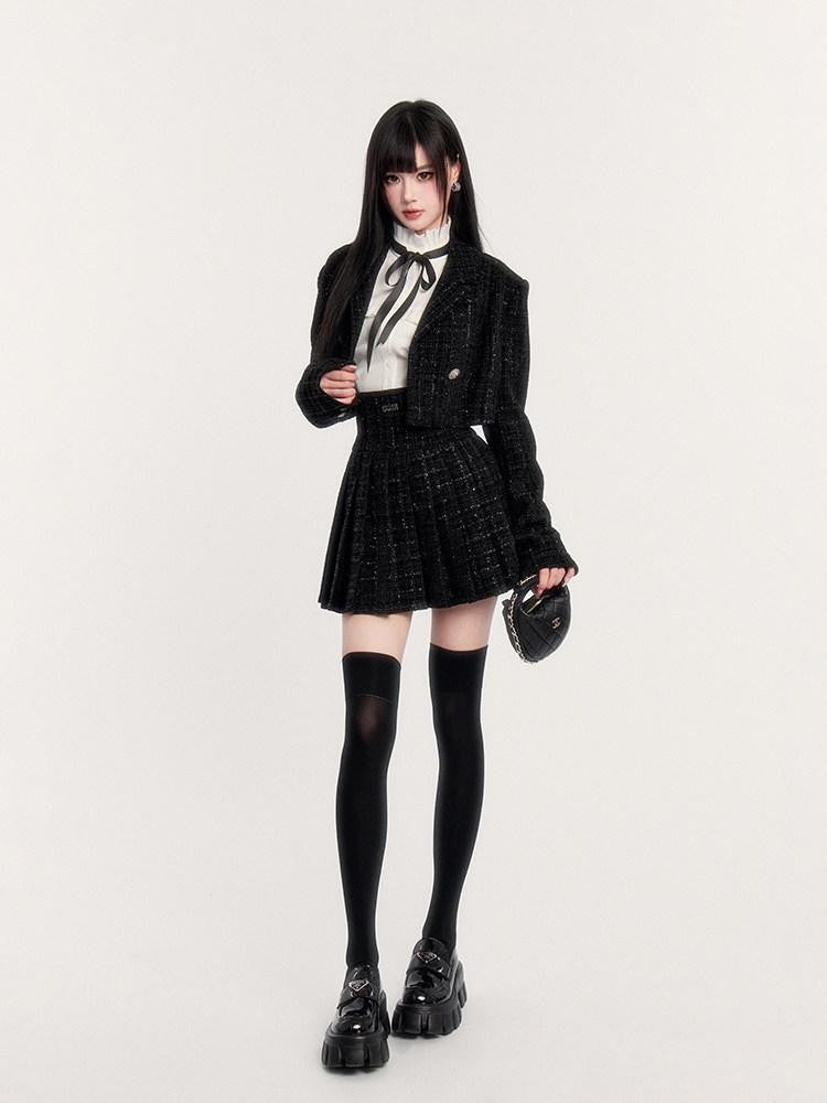 VOCK Tweed Pleated High Waist Puff Sleeve Women's Shirt Matching Skirt Sets