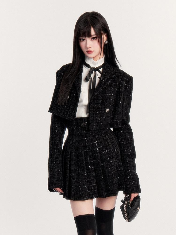 VOCK Tweed Pleated High Waist Puff Sleeve Women's Shirt Matching Skirt Sets