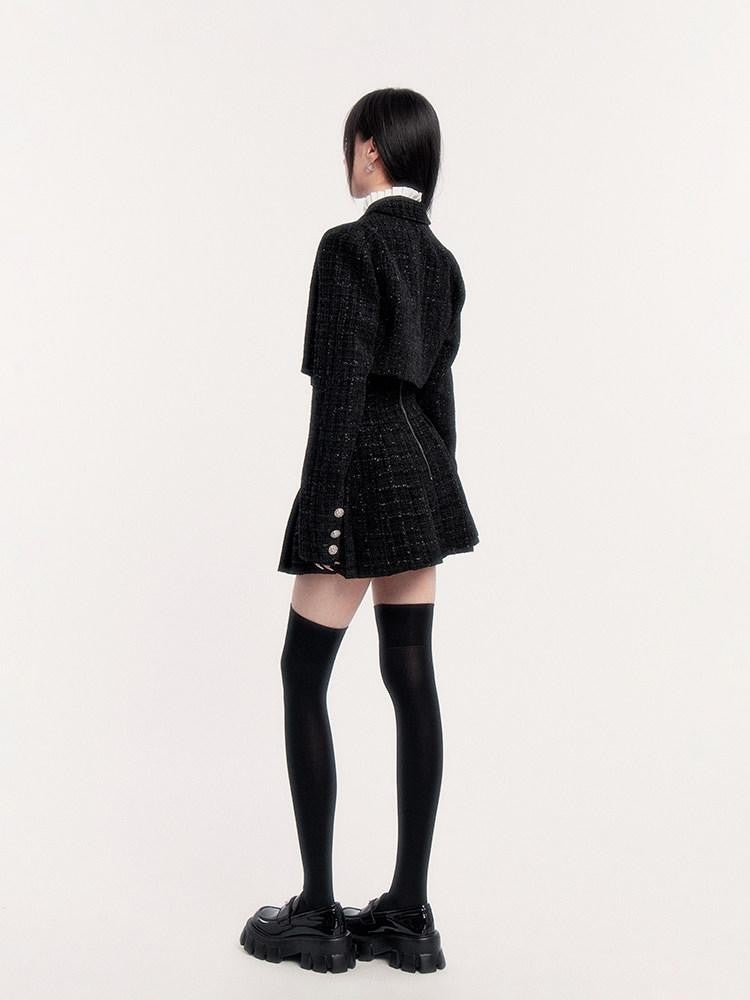 VOCK Tweed Pleated High Waist Puff Sleeve Women's Shirt Matching Skirt Sets