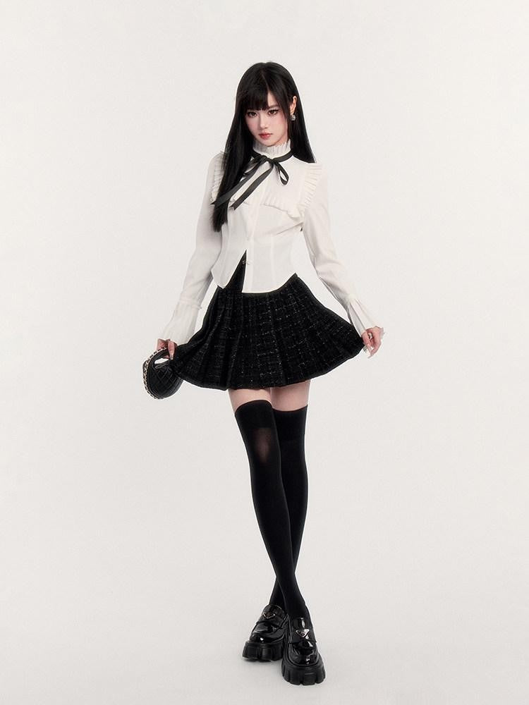 VOCK Tweed Pleated High Waist Puff Sleeve Women's Shirt Matching Skirt Sets