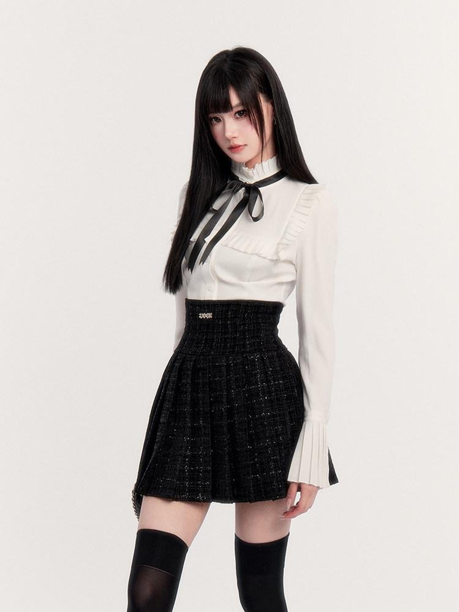 VOCK Tweed Pleated High Waist Puff Sleeve Women's Shirt Matching Skirt Sets