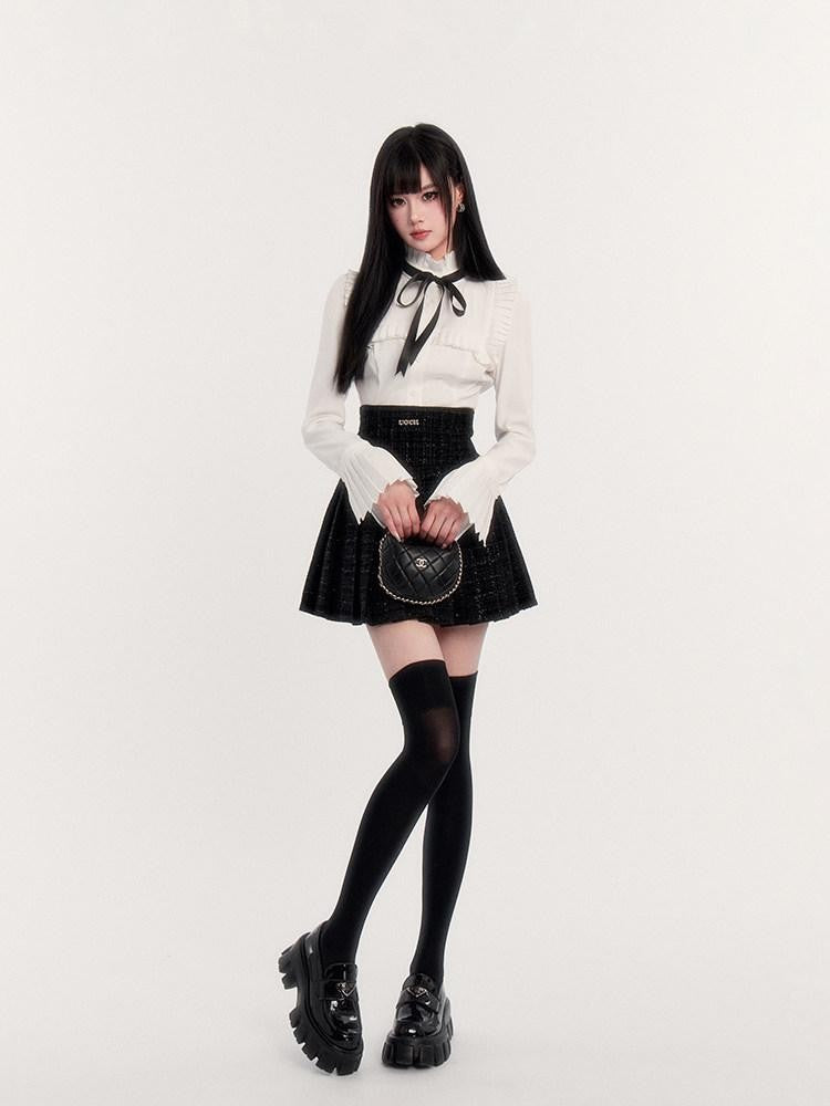 VOCK Tweed Pleated High Waist Puff Sleeve Women's Shirt Matching Skirt Sets