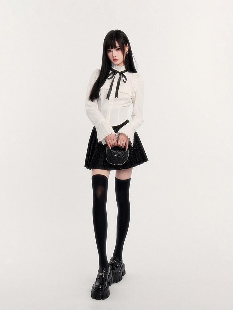 VOCK Tweed Pleated High Waist Puff Sleeve Women's Shirt Matching Skirt Sets