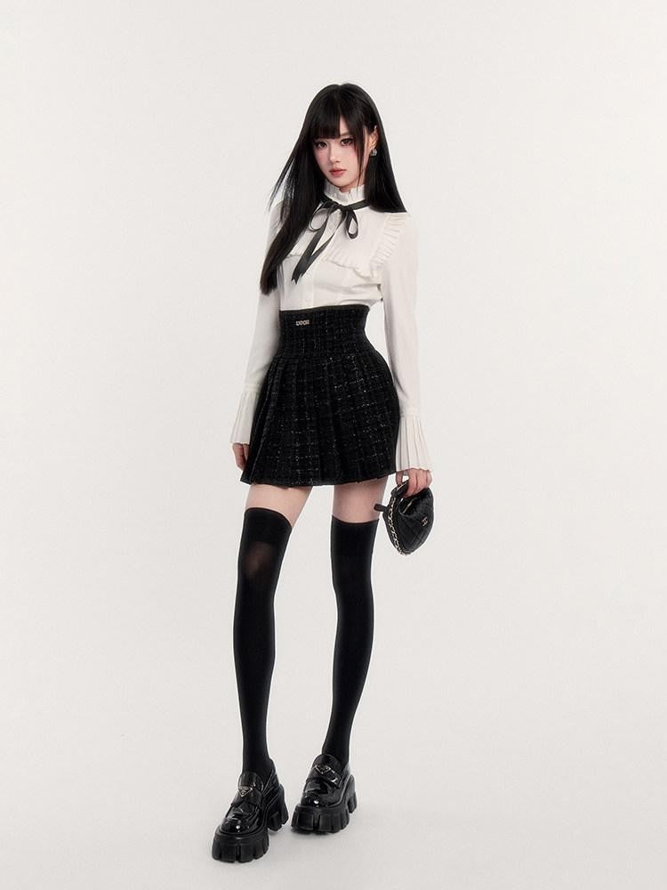 VOCK Tweed Pleated High Waist Puff Sleeve Women's Shirt Matching Skirt Sets