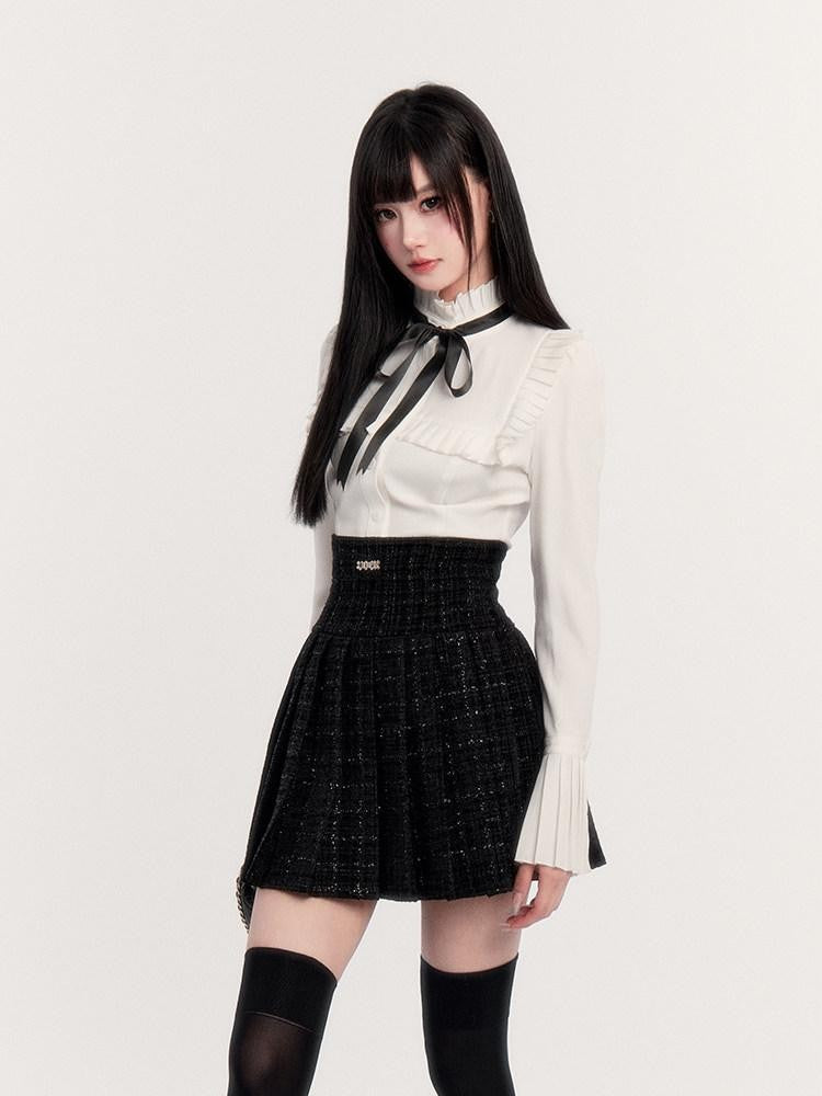 VOCK Tweed Pleated High Waist Puff Sleeve Women's Shirt Matching Skirt Sets