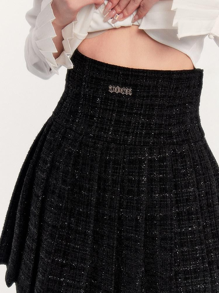VOCK Tweed Pleated High Waist Puff Sleeve Women's Shirt Matching Skirt Sets