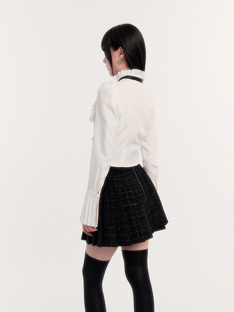 VOCK Tweed Pleated High Waist Puff Sleeve Women's Shirt Matching Skirt Sets