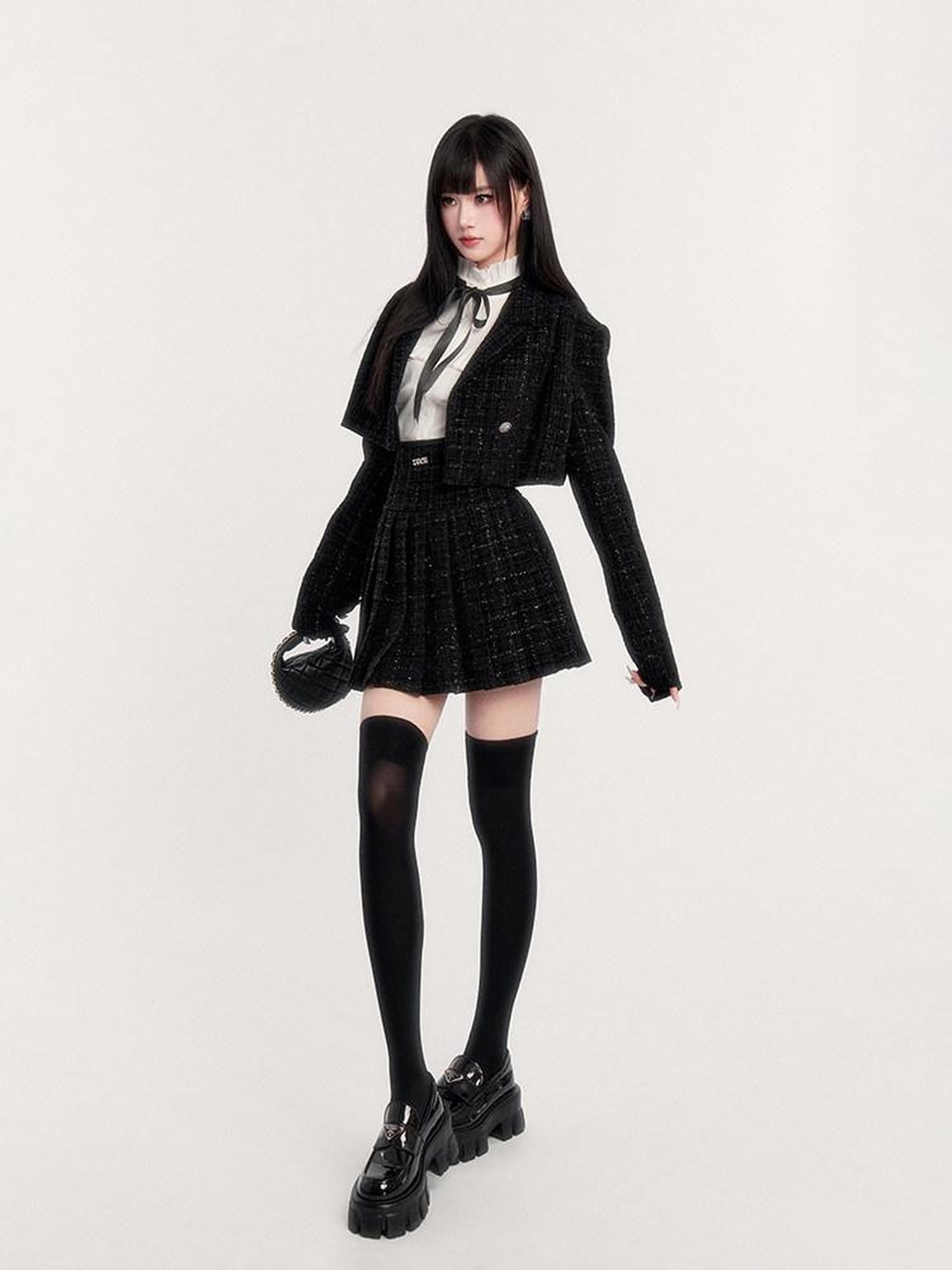 VOCK Tweed Pleated High Waist Puff Sleeve Women's Shirt Matching Skirt Sets