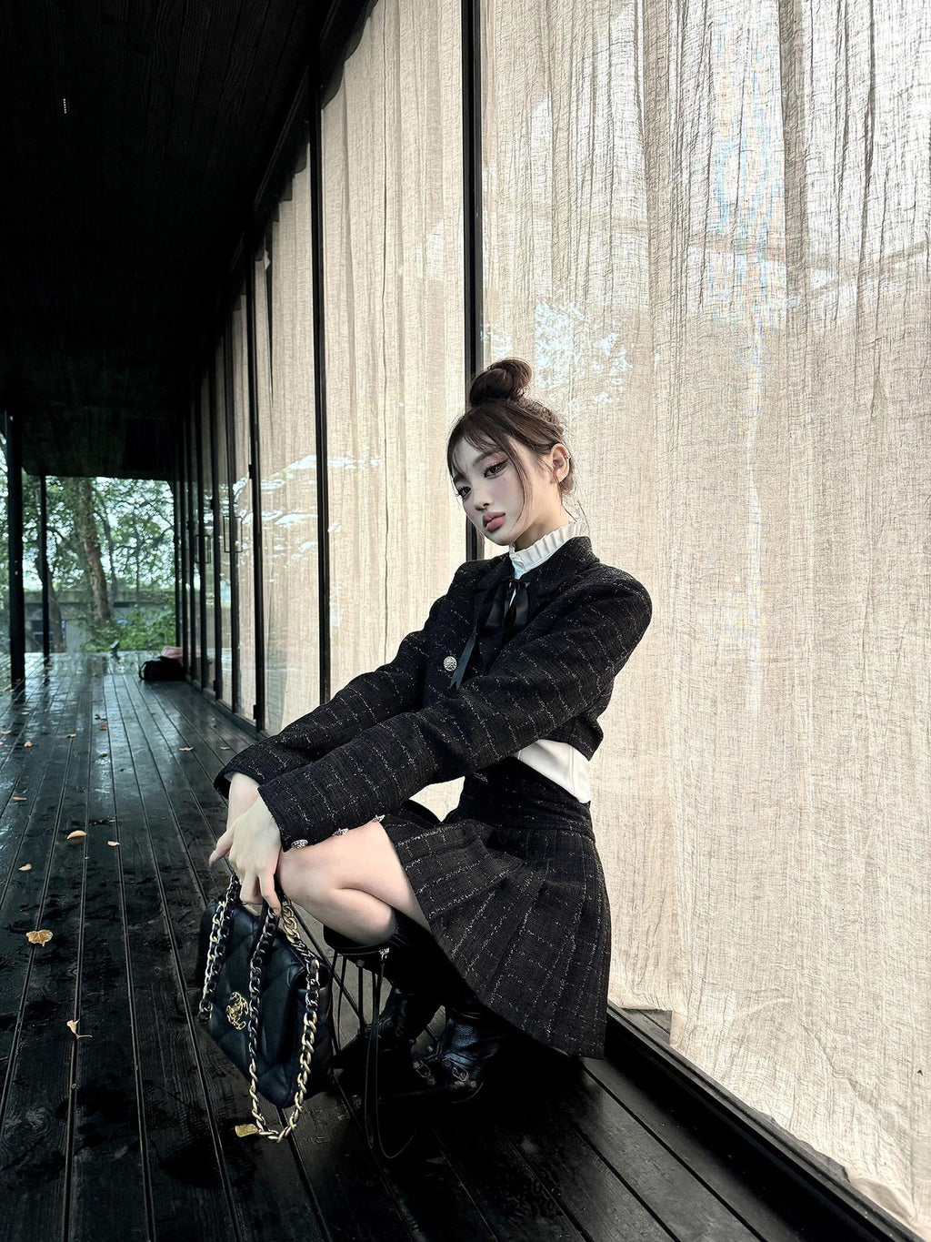 VOCK Tweed Pleated High Waist Puff Sleeve Women's Shirt Matching Skirt Sets