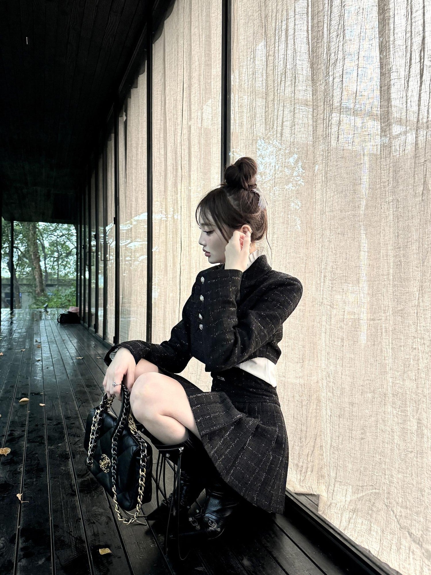 VOCK Tweed Pleated High Waist Puff Sleeve Women's Shirt Matching Skirt Sets