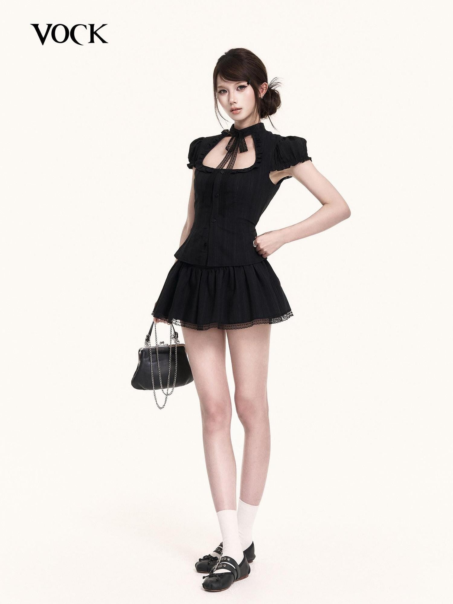 VOCK Vintage Cutout Puff Sleeve Cinched Waist Women's Lace Matching Skirt Sets
