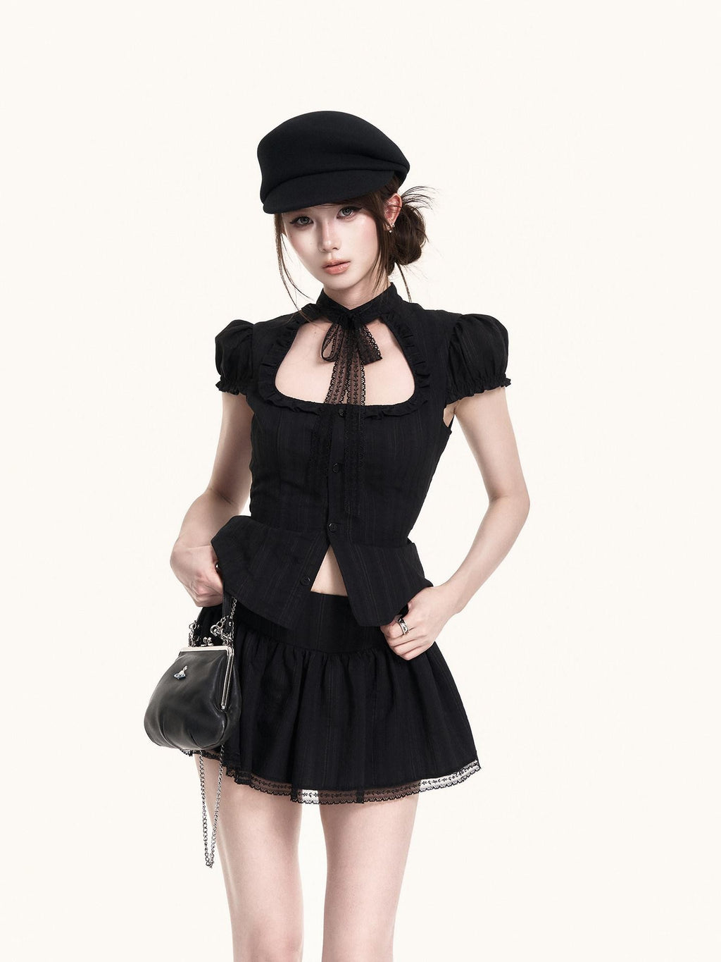 VOCK Vintage Cutout Puff Sleeve Cinched Waist Women's Lace Matching Skirt Sets