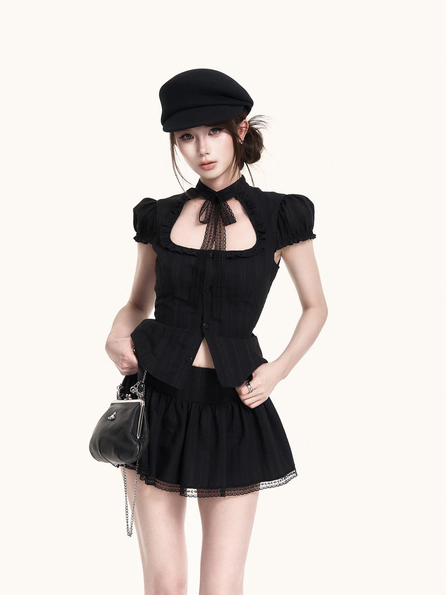 VOCK Vintage Cutout Puff Sleeve Cinched Waist Women's Lace Matching Skirt Sets