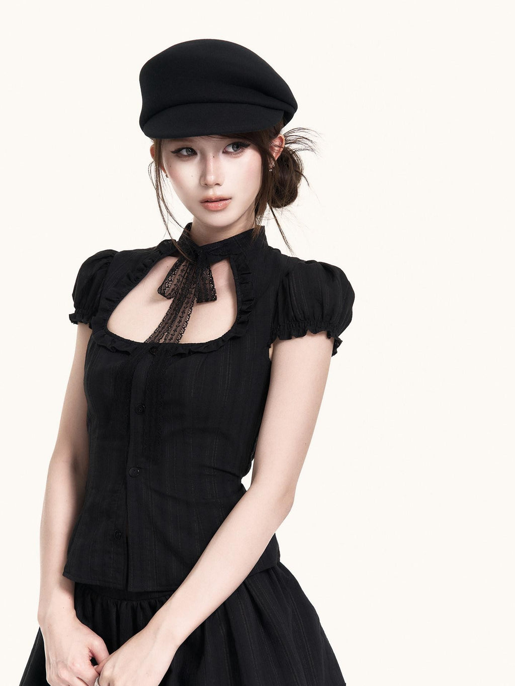 VOCK Vintage Cutout Puff Sleeve Cinched Waist Women's Lace Matching Skirt Sets