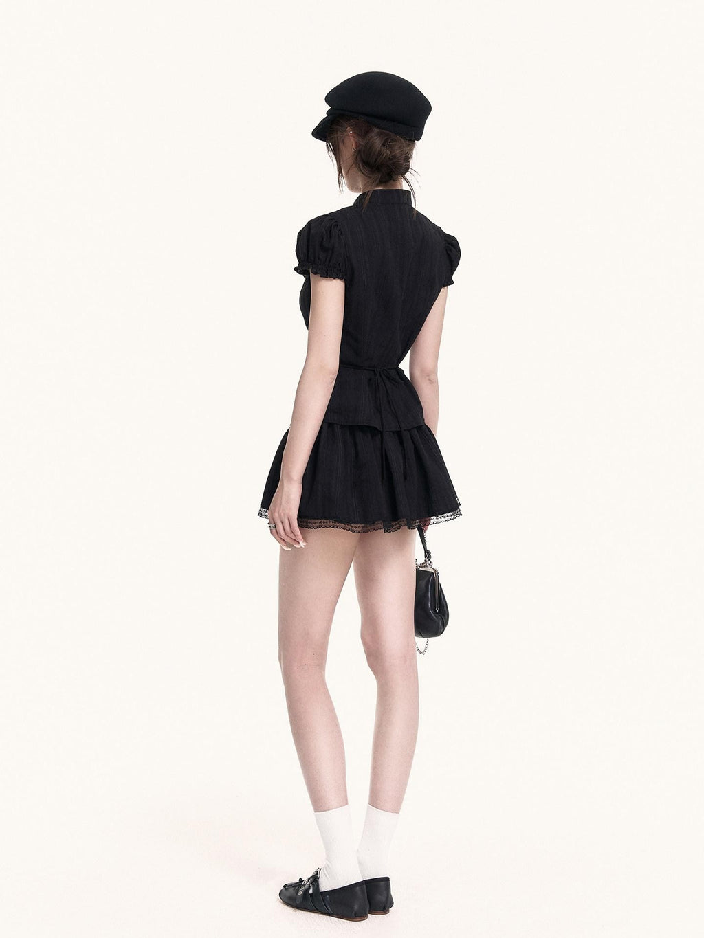 VOCK Vintage Cutout Puff Sleeve Cinched Waist Women's Lace Matching Skirt Sets