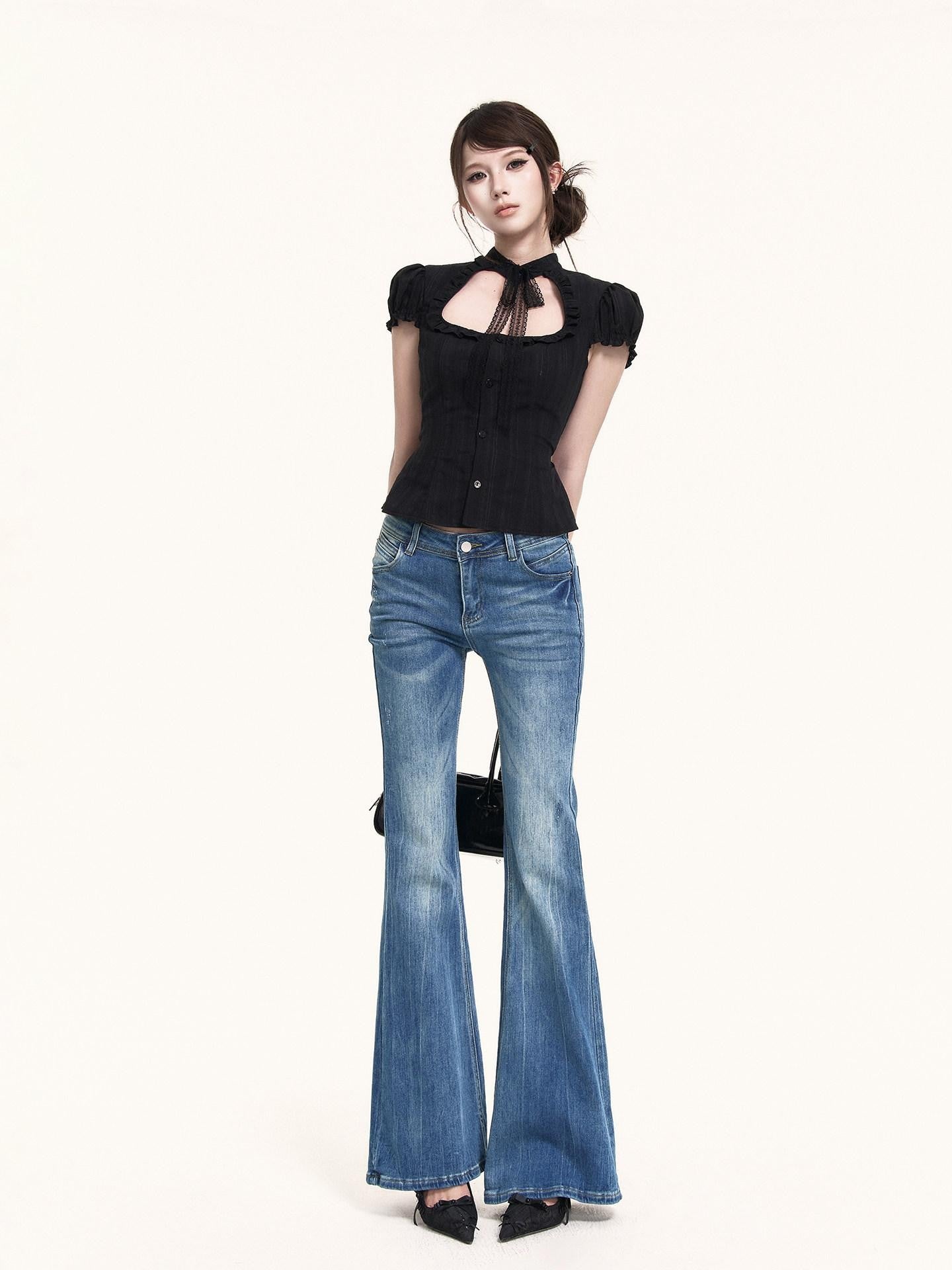VOCK Vintage Cutout Puff Sleeve Cinched Waist Women's Lace Matching Skirt Sets