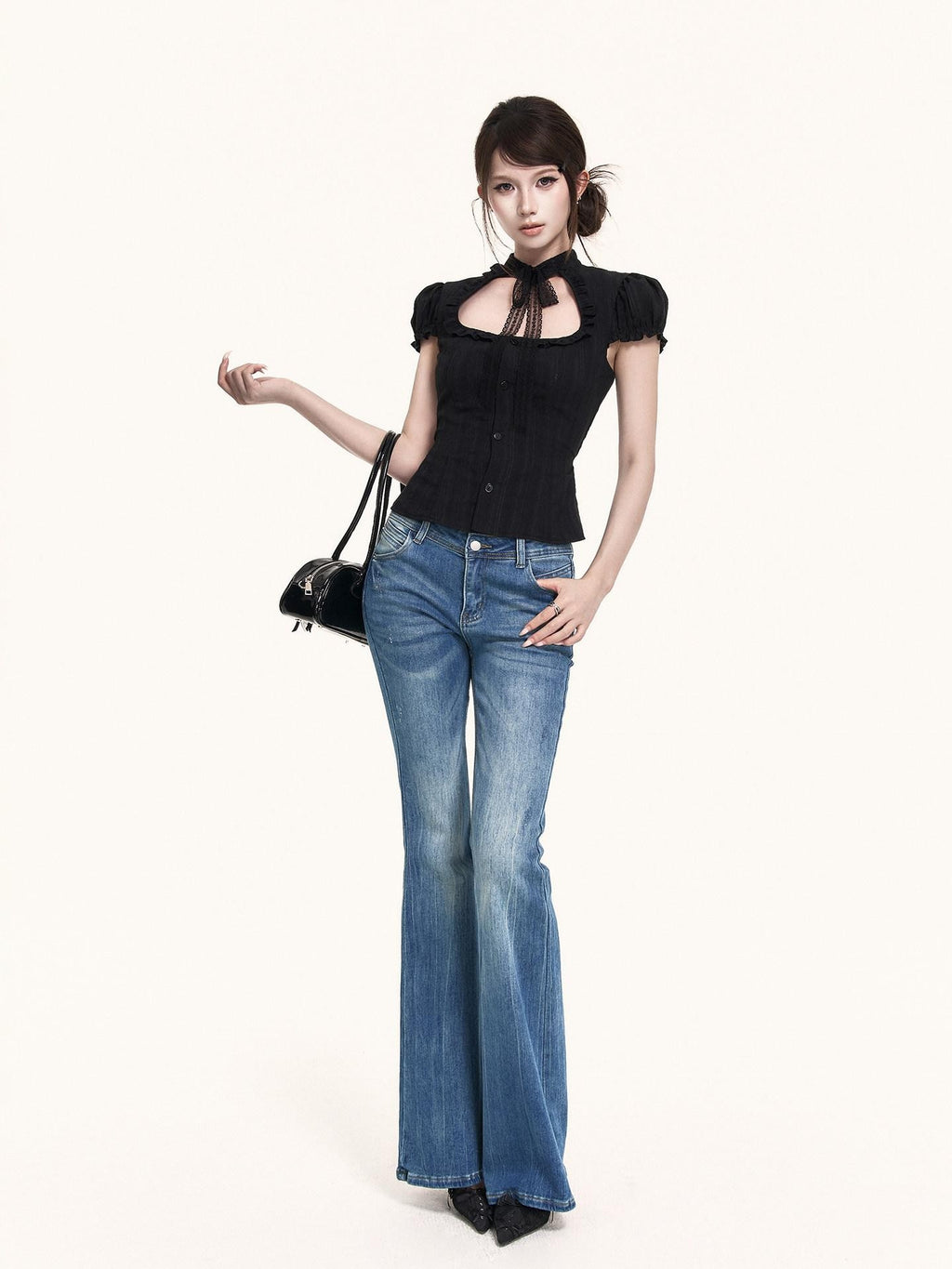 VOCK Vintage Cutout Puff Sleeve Cinched Waist Women's Lace Matching Skirt Sets
