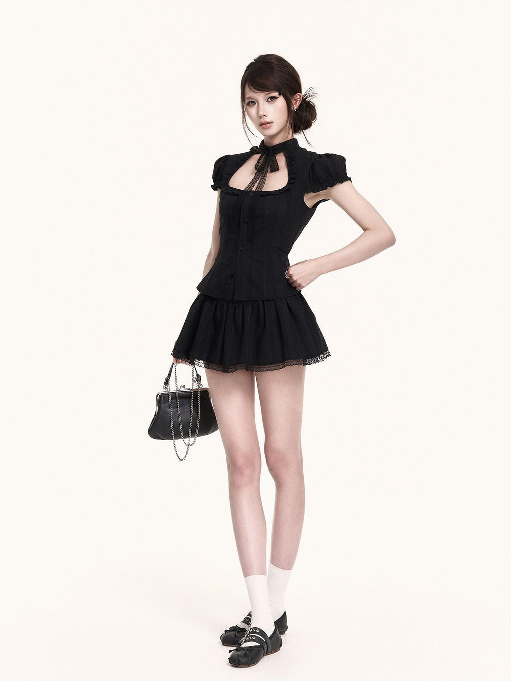 VOCK Vintage Cutout Puff Sleeve Cinched Waist Women's Lace Matching Skirt Sets