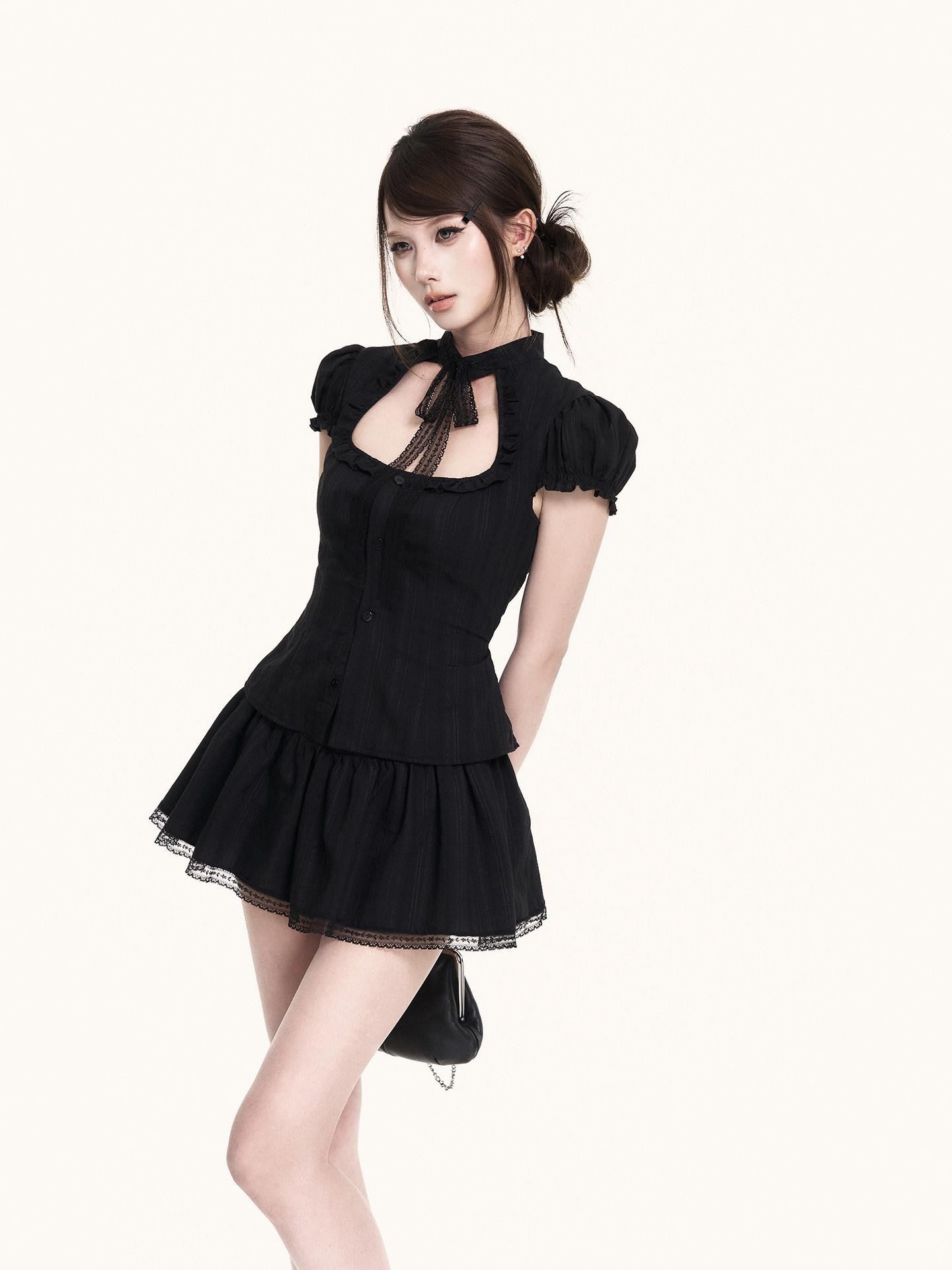 VOCK Vintage Cutout Puff Sleeve Cinched Waist Women's Lace Matching Skirt Sets