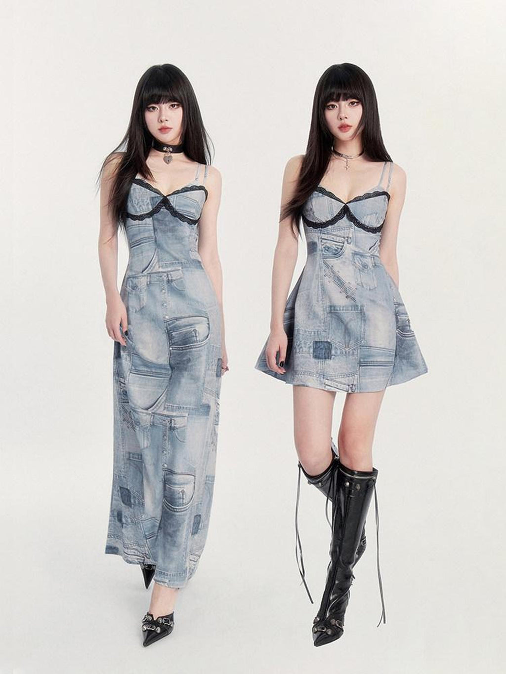 VOCK Vintage Faux Denim Lace Print A Line Spaghetti Strap Women's Slip Midi Dresses