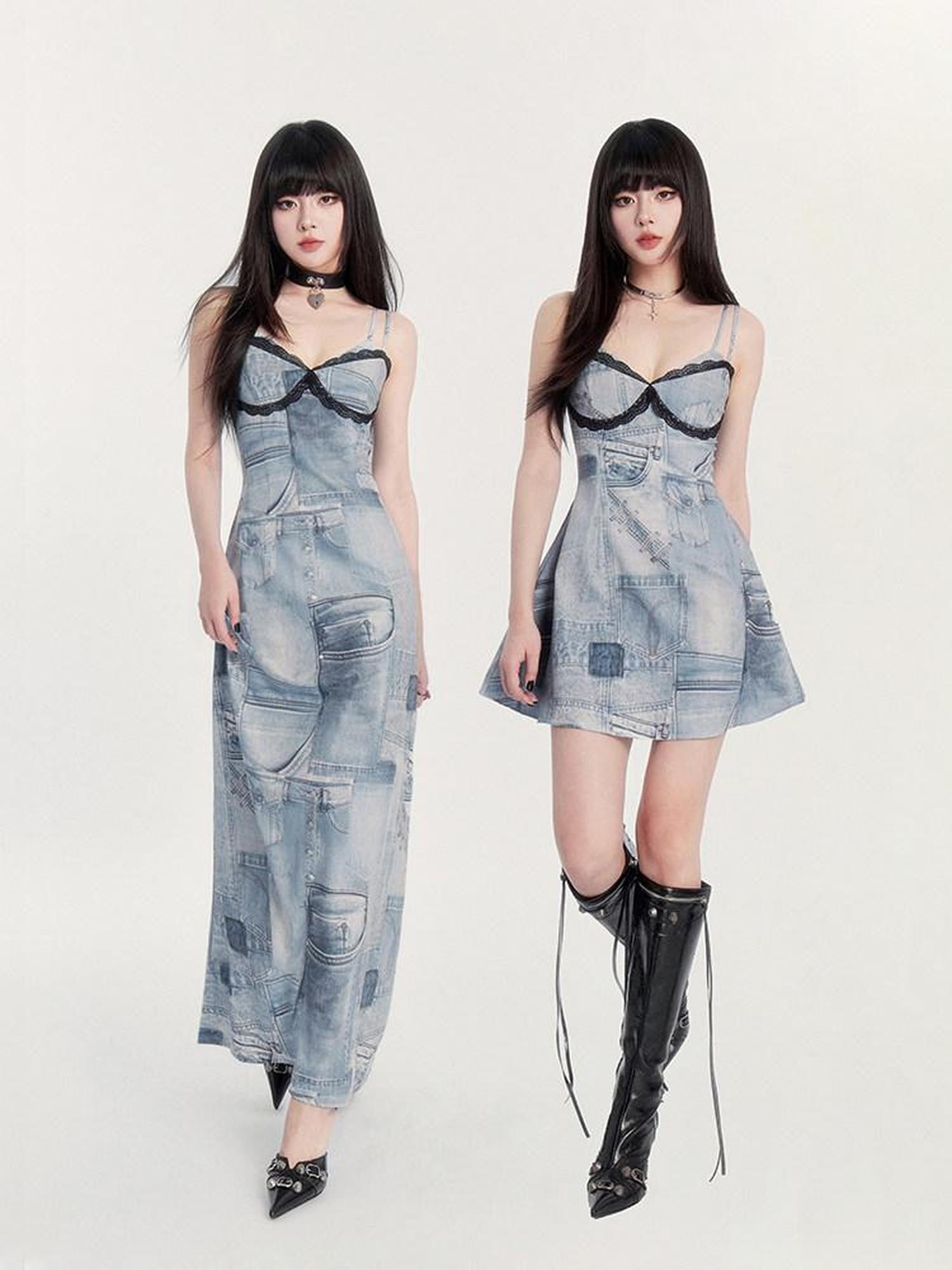 VOCK Vintage Faux Denim Lace Print A Line Spaghetti Strap Women's Slip Midi Dresses