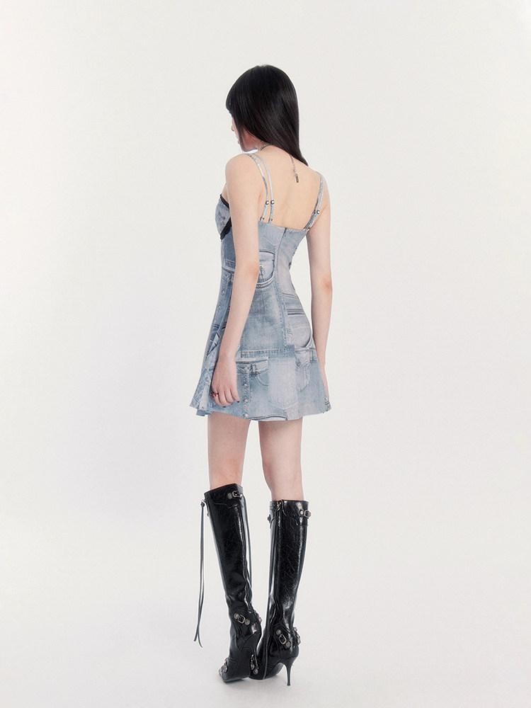 VOCK Vintage Faux Denim Lace Print A Line Spaghetti Strap Women's Slip Midi Dresses