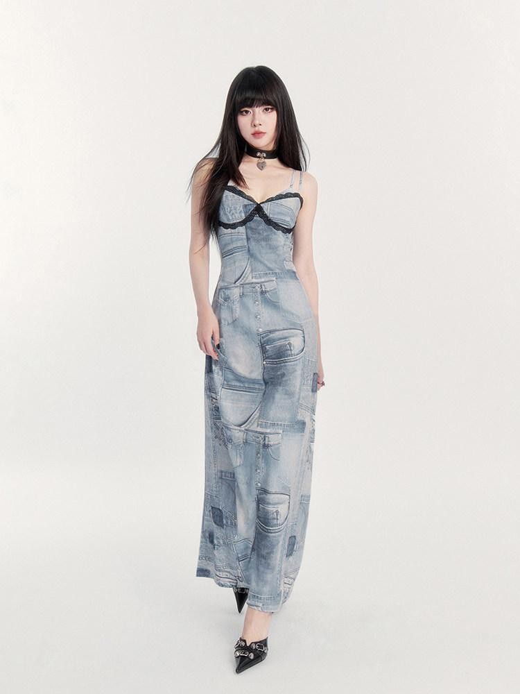 VOCK Vintage Faux Denim Lace Print A Line Spaghetti Strap Women's Slip Midi Dresses