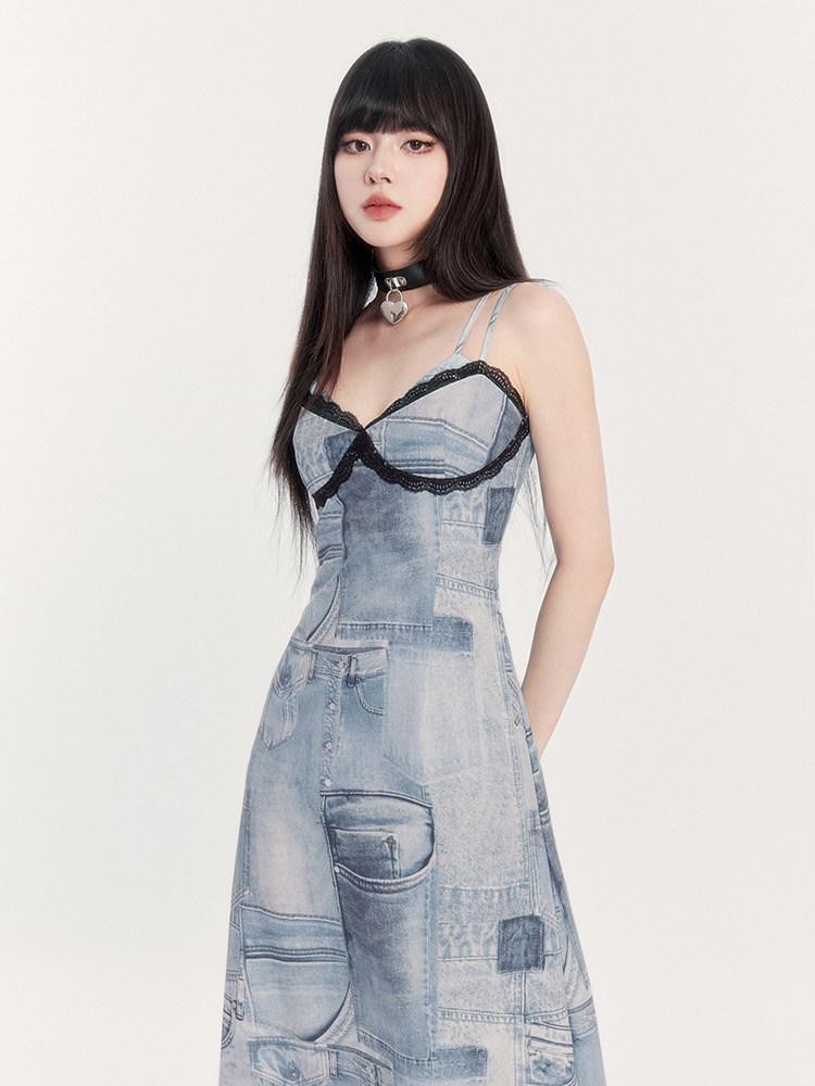 VOCK Vintage Faux Denim Lace Print A Line Spaghetti Strap Women's Slip Midi Dresses