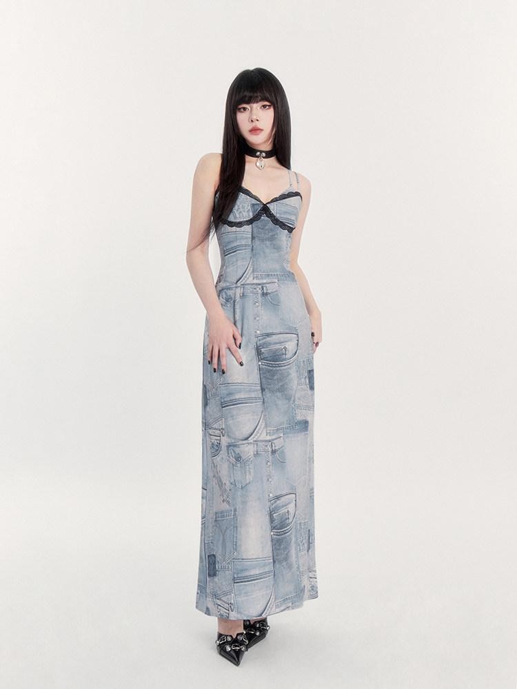 VOCK Vintage Faux Denim Lace Print A Line Spaghetti Strap Women's Slip Midi Dresses