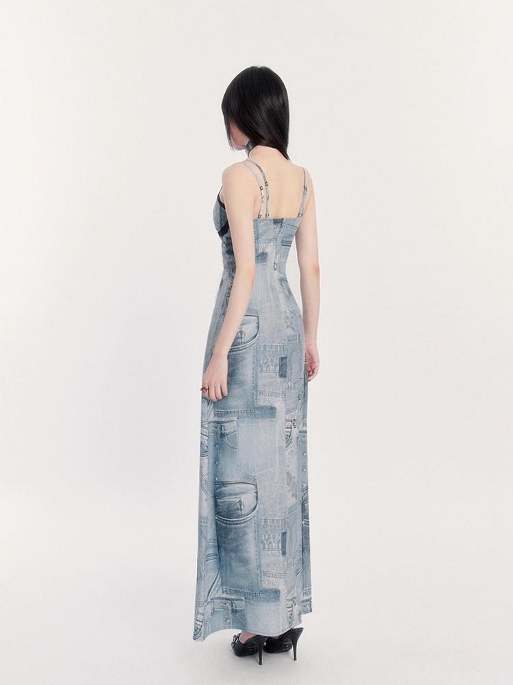 VOCK Vintage Faux Denim Lace Print A Line Spaghetti Strap Women's Slip Midi Dresses