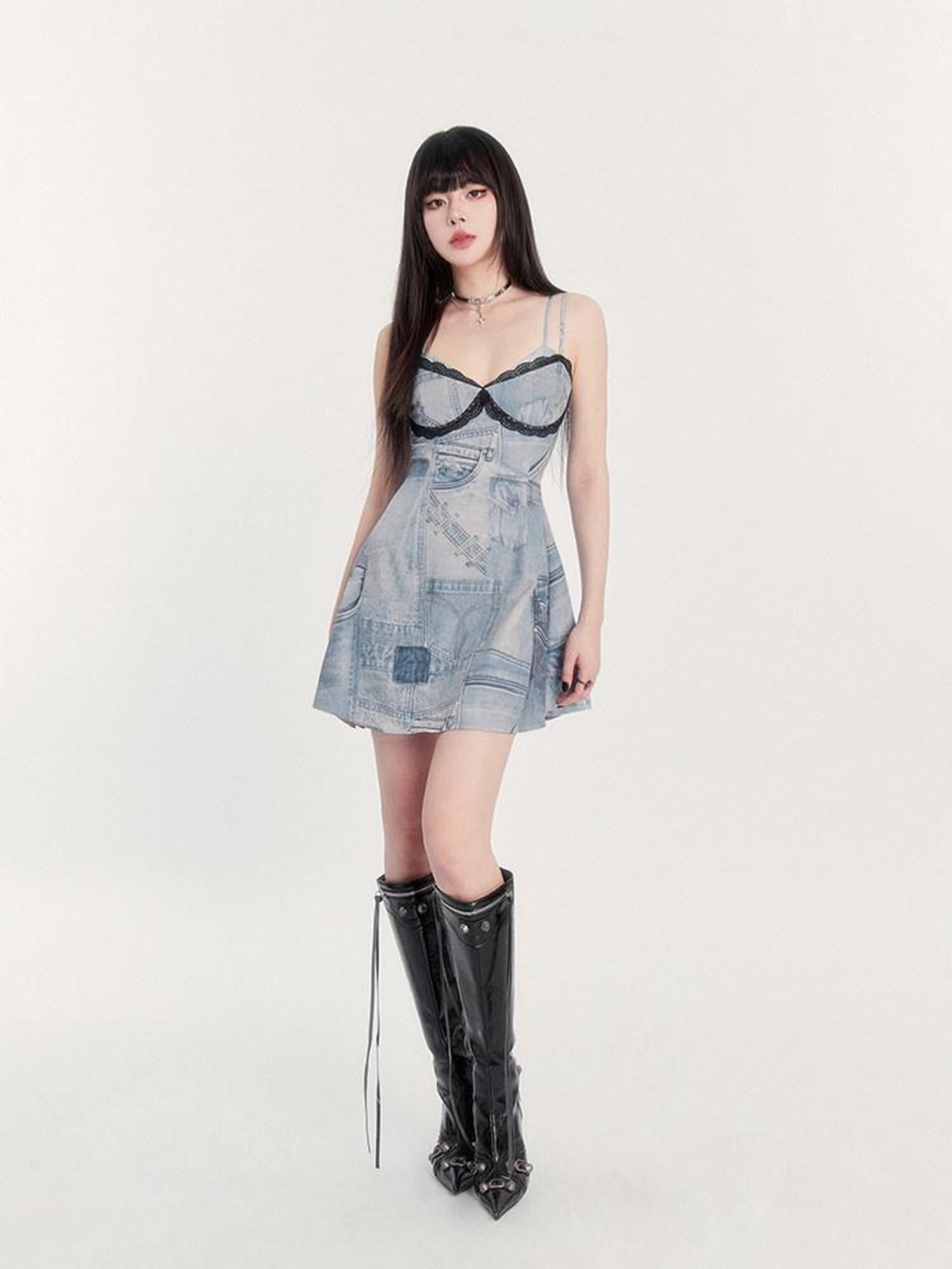 VOCK Vintage Faux Denim Lace Print A Line Spaghetti Strap Women's Slip Midi Dresses