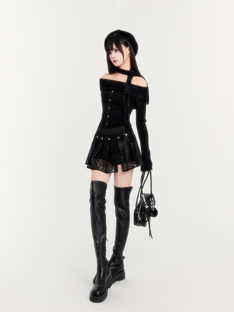 VOCK Vintage Lace Pleated Studded High Waist Women's Polyester Spandex Mini Skirts