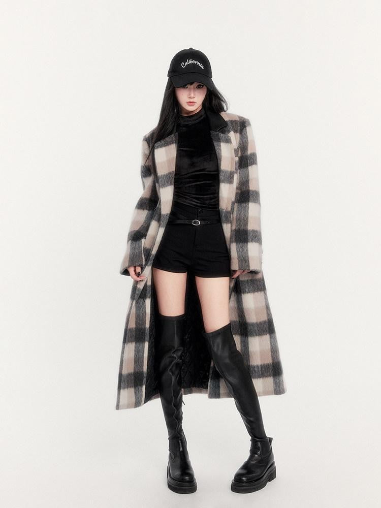 VOCK Vintage Plaid Patchwork Double Breasted Women's Wool Blend Long Coats