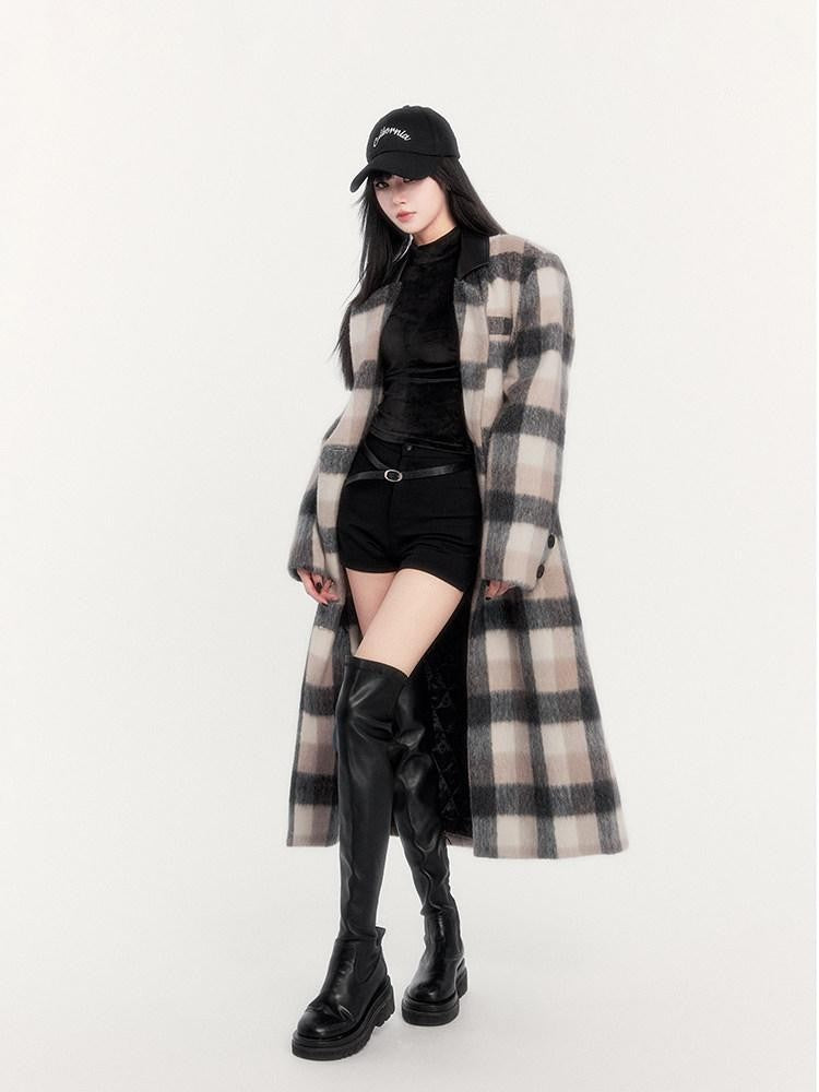 VOCK Vintage Plaid Patchwork Double Breasted Women's Wool Blend Long Coats