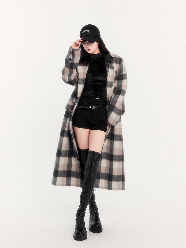 VOCK Vintage Plaid Patchwork Double Breasted Women's Wool Blend Long Coats